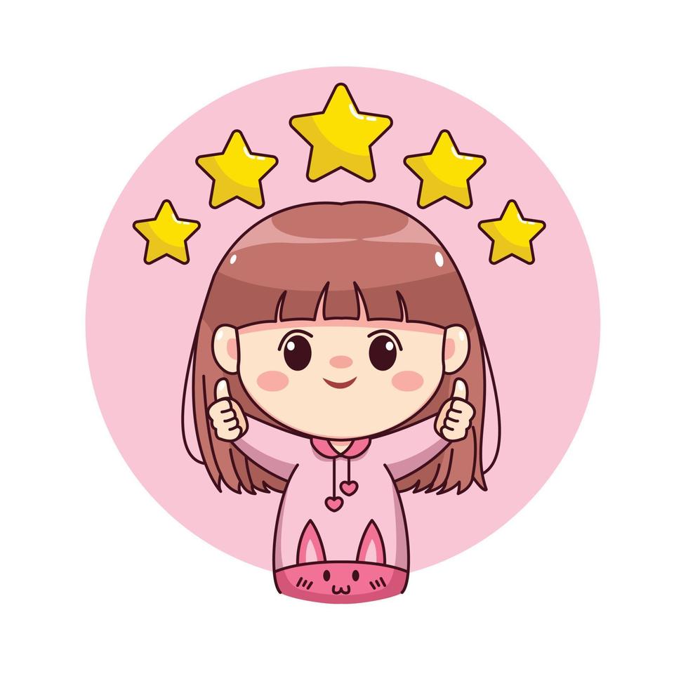 heureuse fille mignonne et kawaii avec lapin à capuche rose taux cinq étoiles dessin animé manga chibi personnage design pour logo, mascotte, illustration, etc. vecteur