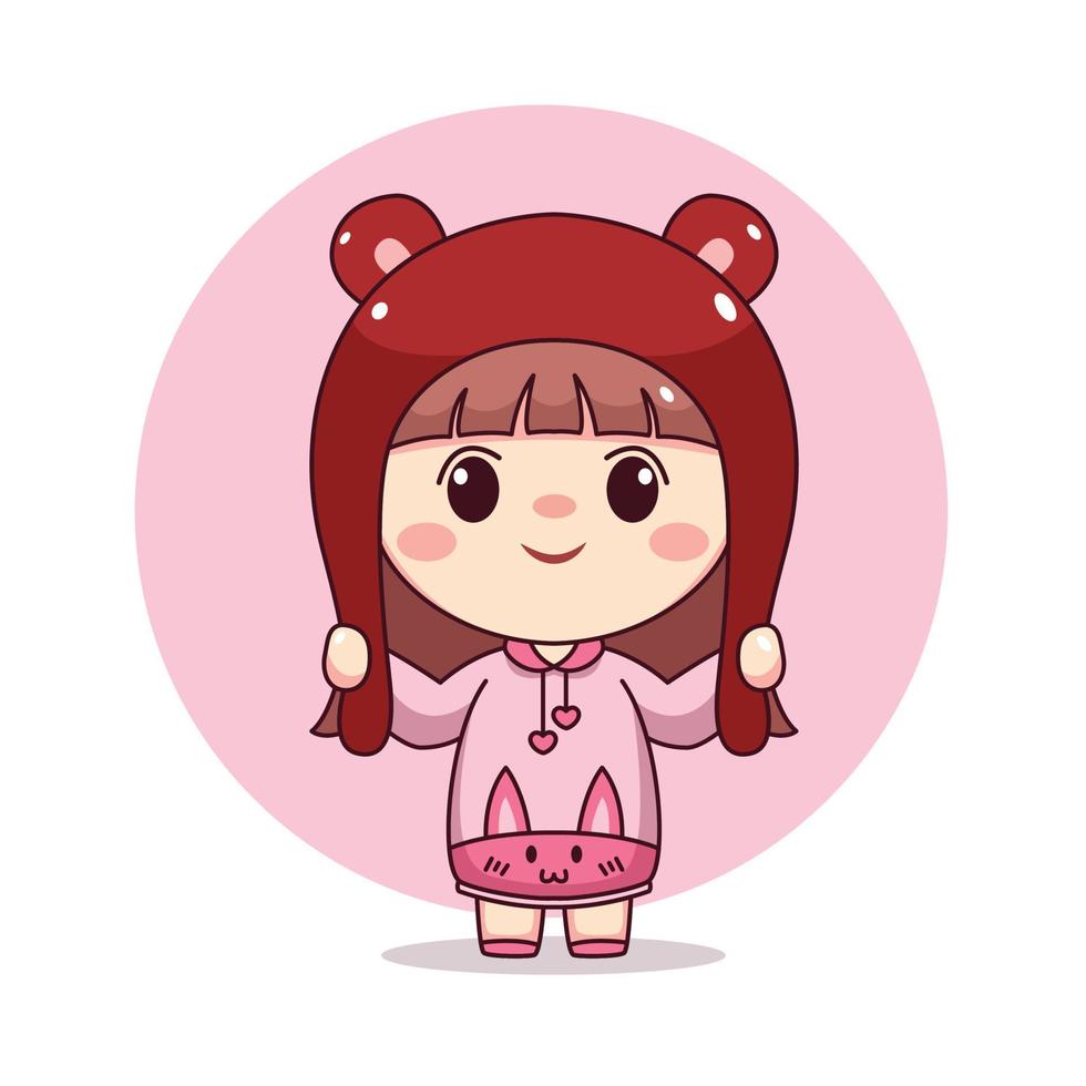 heureuse fille mignonne et kawaii avec lapin à capuche rose dessin animé manga chibi création de personnage pour logo, mascotte, illustration, etc. vecteur