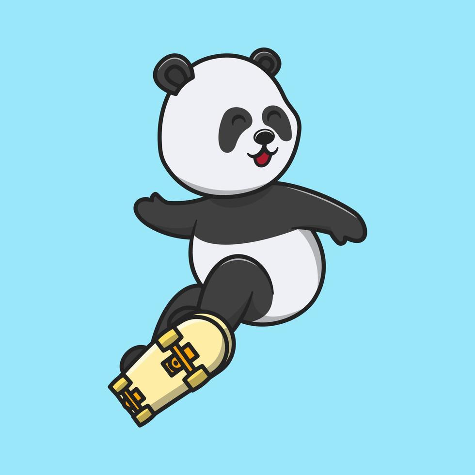 panda mignon jouant à la planche à roulettes dessin animé vecteur icône illustration