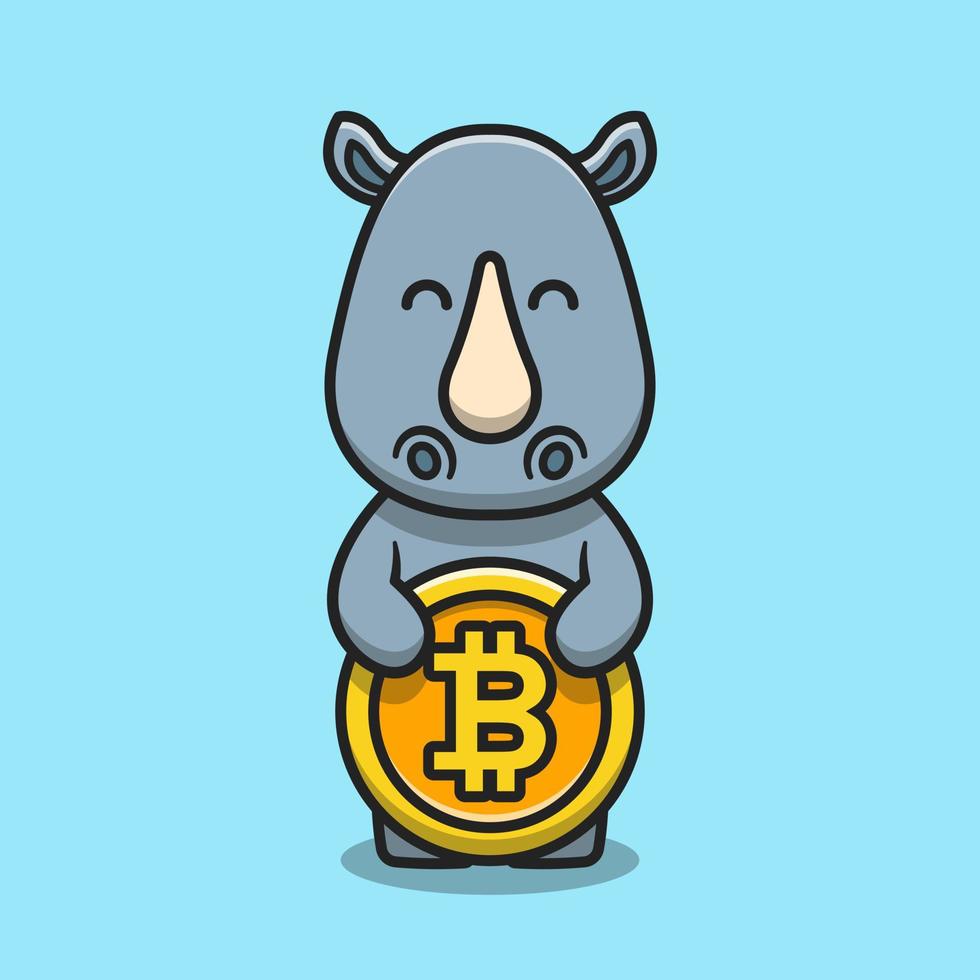 rhinocéros mignon tenant illustration d'icône de vecteur de dessin animé bitcoin