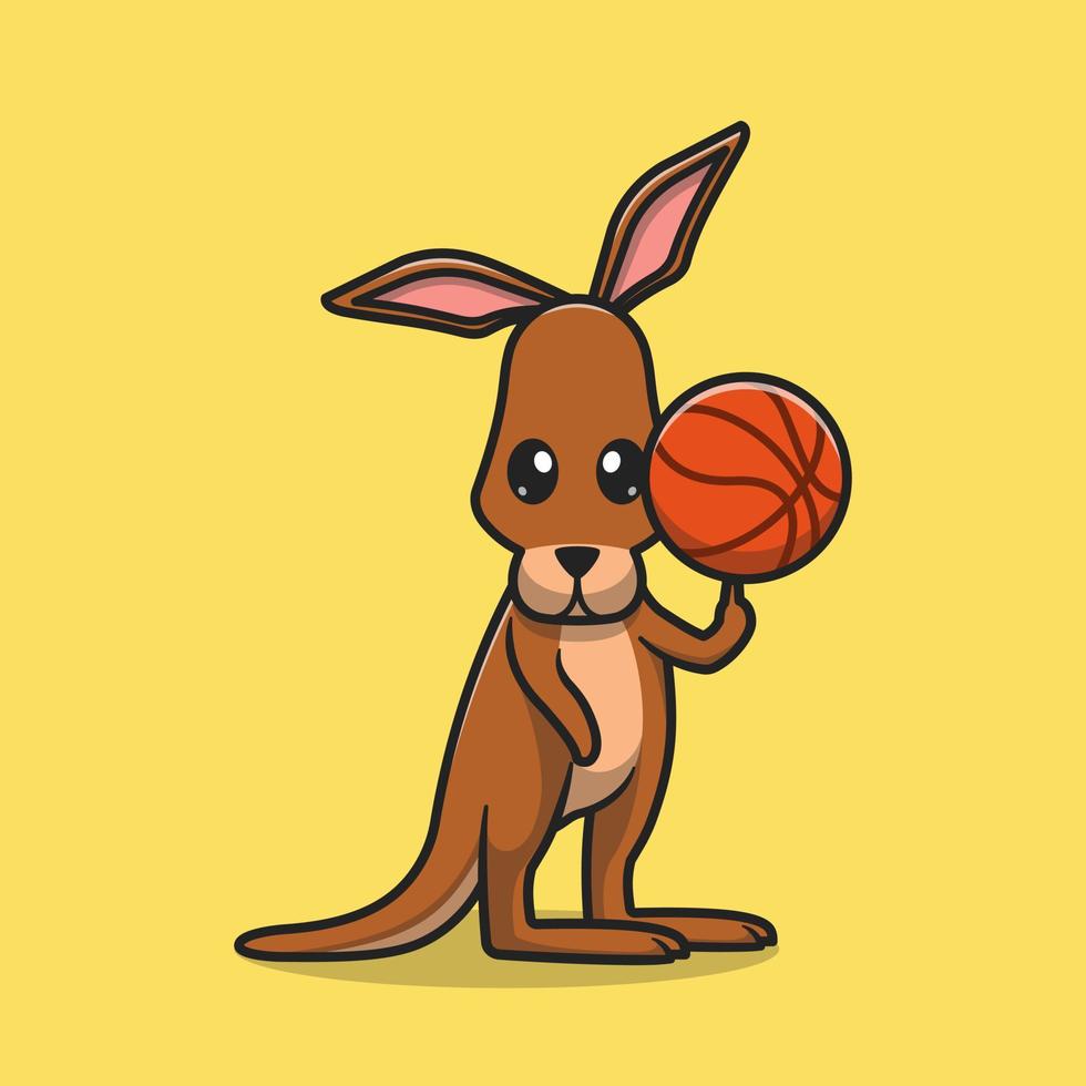 mignon, kangourou, filature, basket-ball, main, dessin animé, vecteur, icône, illustration vecteur