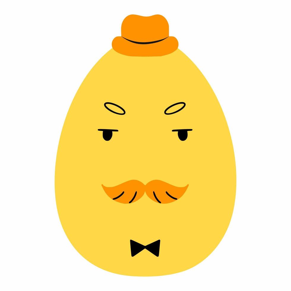 oeuf de pâques jaune avec moustache et chapeau. monsieur sérieux. illustration vectorielle. autocollant pour réseau social. vecteur