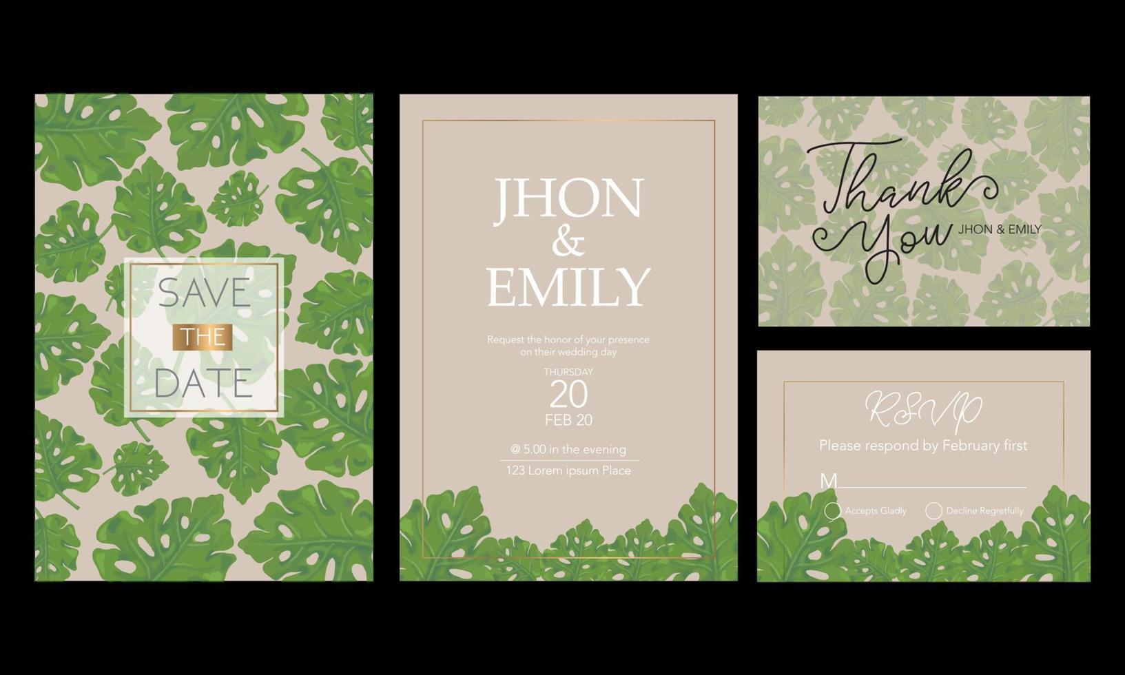 élégante carte d'invitation de mariage aquarelle avec des feuilles de verdure vecteur