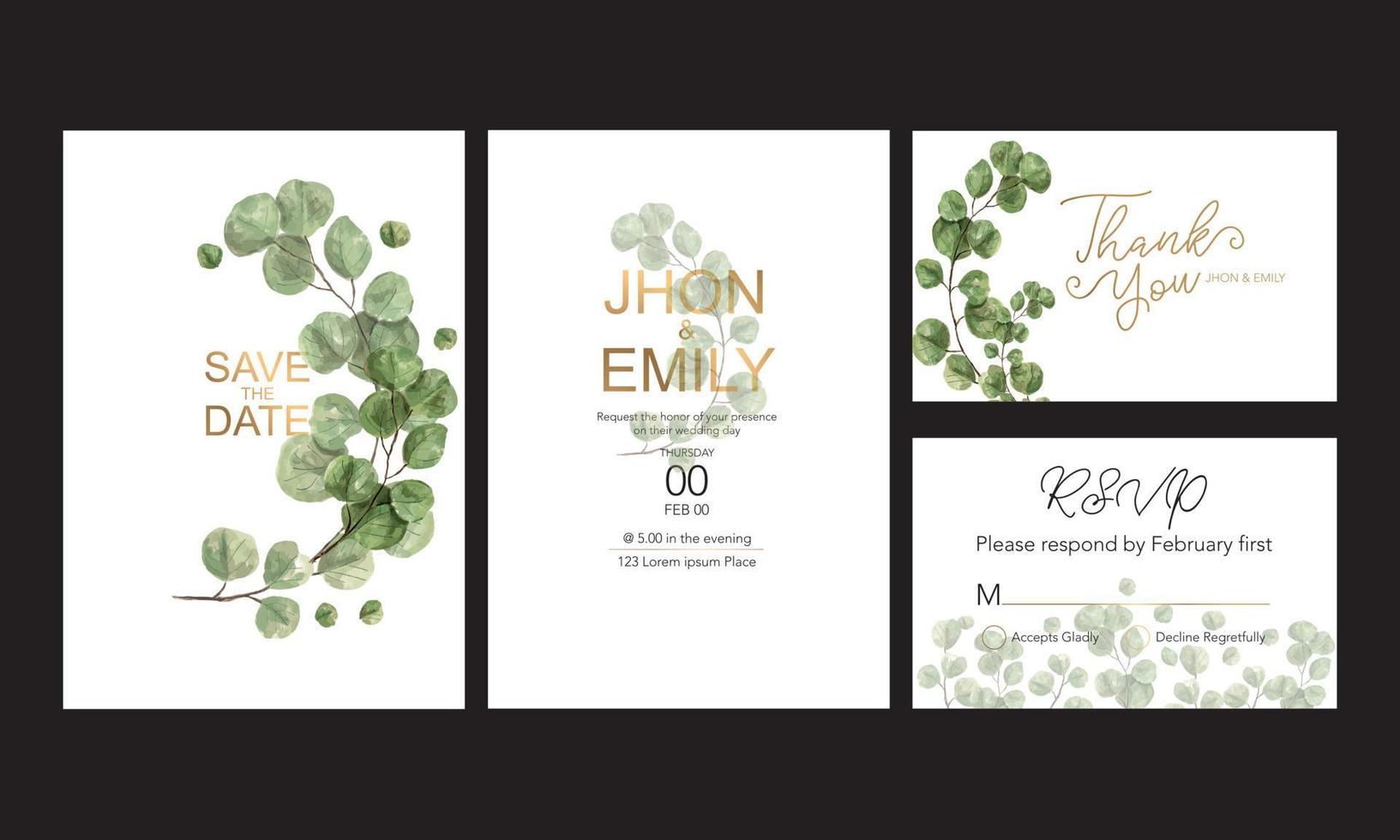 carte d'invitation de mariage, invitation florale merci, conception de carte moderne rsvp, eucalyptus de verdure de feuille d'eucalyptus vert. vecteur