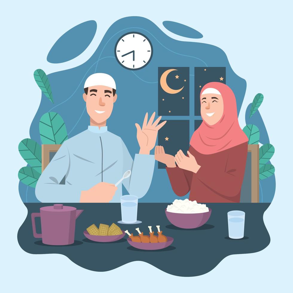 mari et femme faisant l'iftar ensemble à la maison vecteur