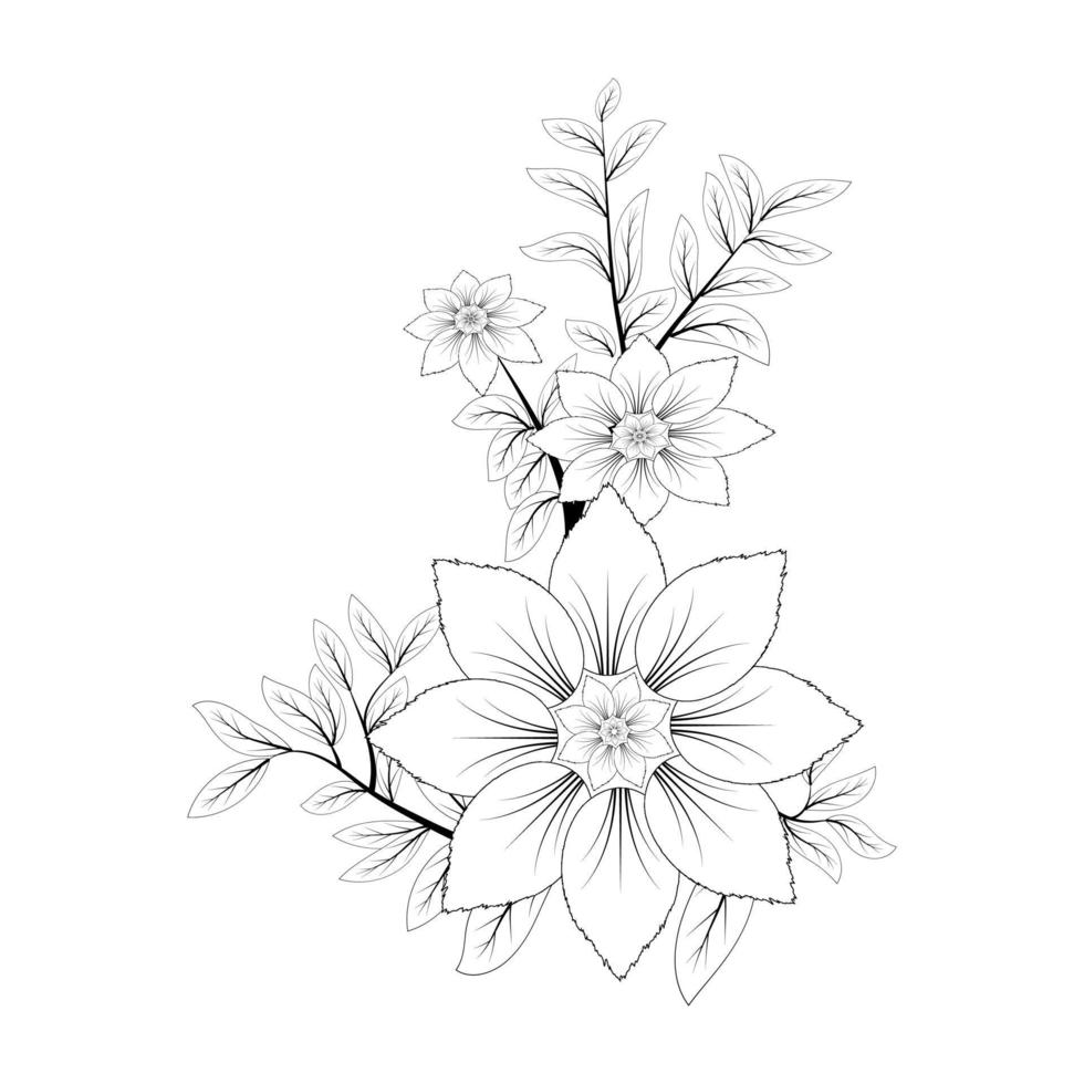 illustration vectorielle, fleur de tagetes isolée avec des feuilles en noir et blanc, dessin peint à la main vecteur
