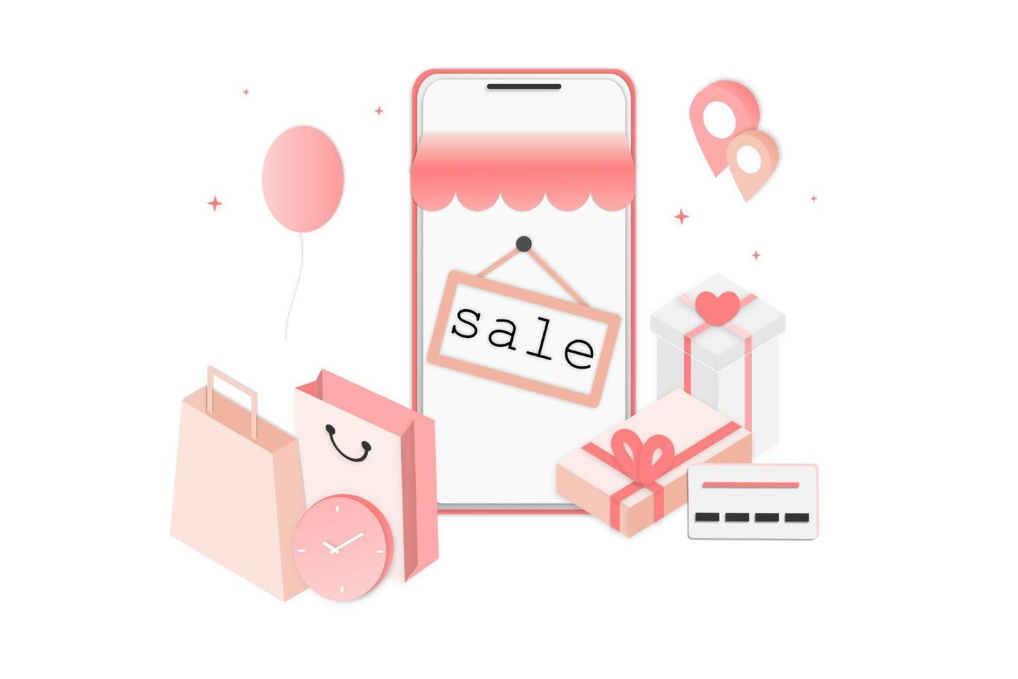 Achats en ligne réalistes 3d sur la page web de destination ou le concept d'application mobile du modèle de marketing numérique vectoriel. promotion de magasin numérique isométrique, paiement, livraison, grande vente, annonces, remise. vecteur