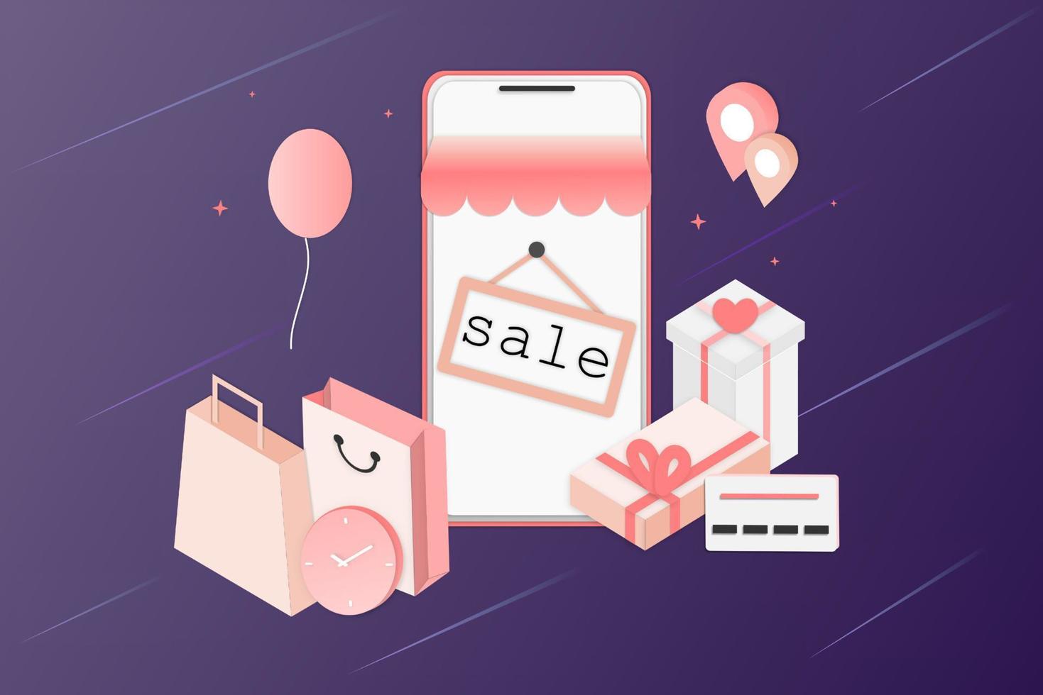 Achats en ligne réalistes 3d sur la page web de destination ou le concept d'application mobile du modèle de marketing numérique vectoriel. promotion de magasin numérique isométrique, paiement, livraison, grande vente, annonces, remise. vecteur