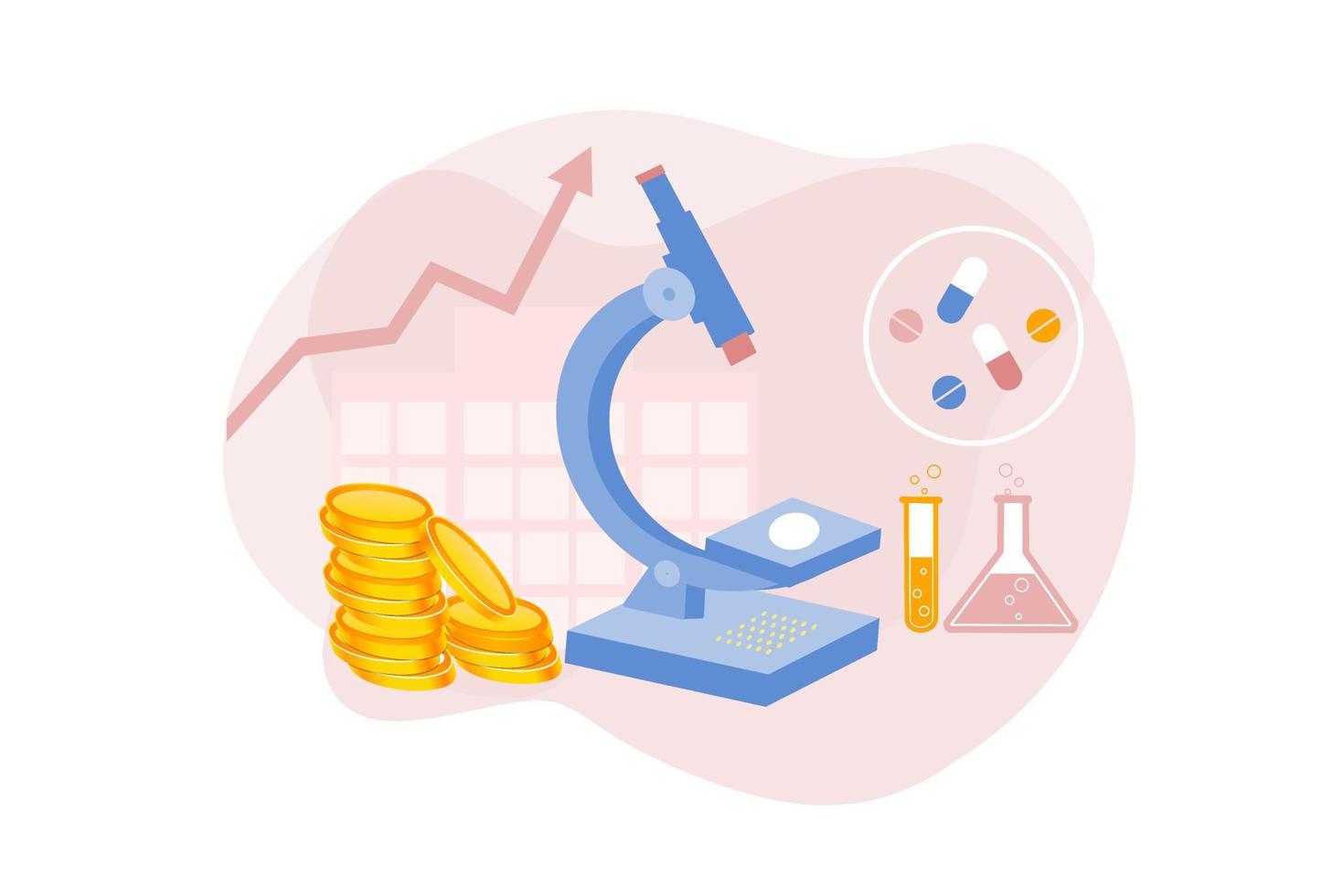 concept commercial de développement de médicaments pharmacologiques et de soins de santé. industrie pharmaceutique avec équipement médical et recherche de pilules thérapeutiques pour la maladie et la maladie. vecteur plat pour le web, bannière, infographie.