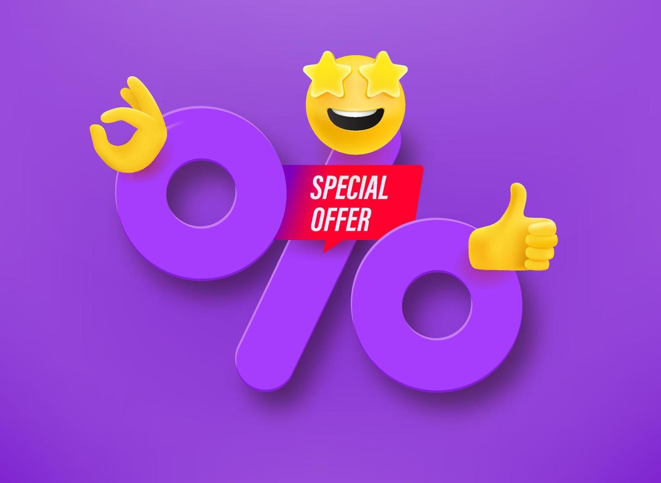 étiquette d'offre spéciale shopping avec signe de pourcentage et emojis. illustration vectorielle 3d vecteur