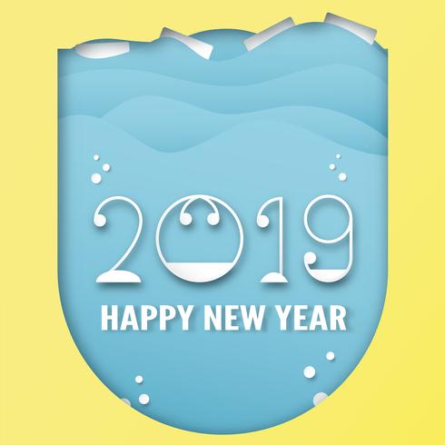 Bonne année 2019 décoration sur fond bleu. Illustration vectorielle avec dessin de calligraphie du nombre en papier découpé et artisanat numérique. vecteur