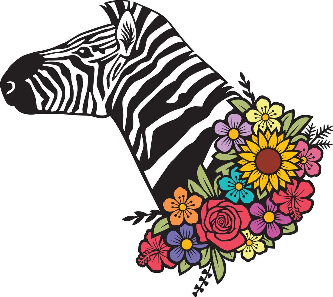 tête de zèbre avec illustration vectorielle de fleurs vecteur
