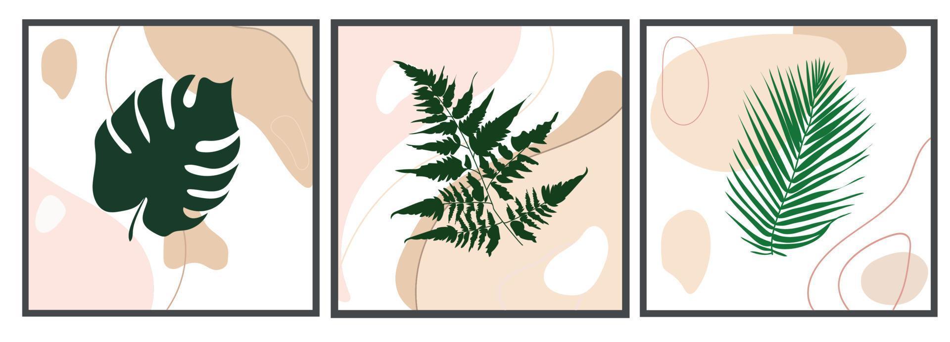 ensemble de vecteurs d'art mural botanique. différentes silhouettes dessinées de feuilles tropicales sur fond abstrait. conception abstraite de plantes pour l'impression, la couverture, le papier peint, les images murales minimalistes et naturelles. vecteur