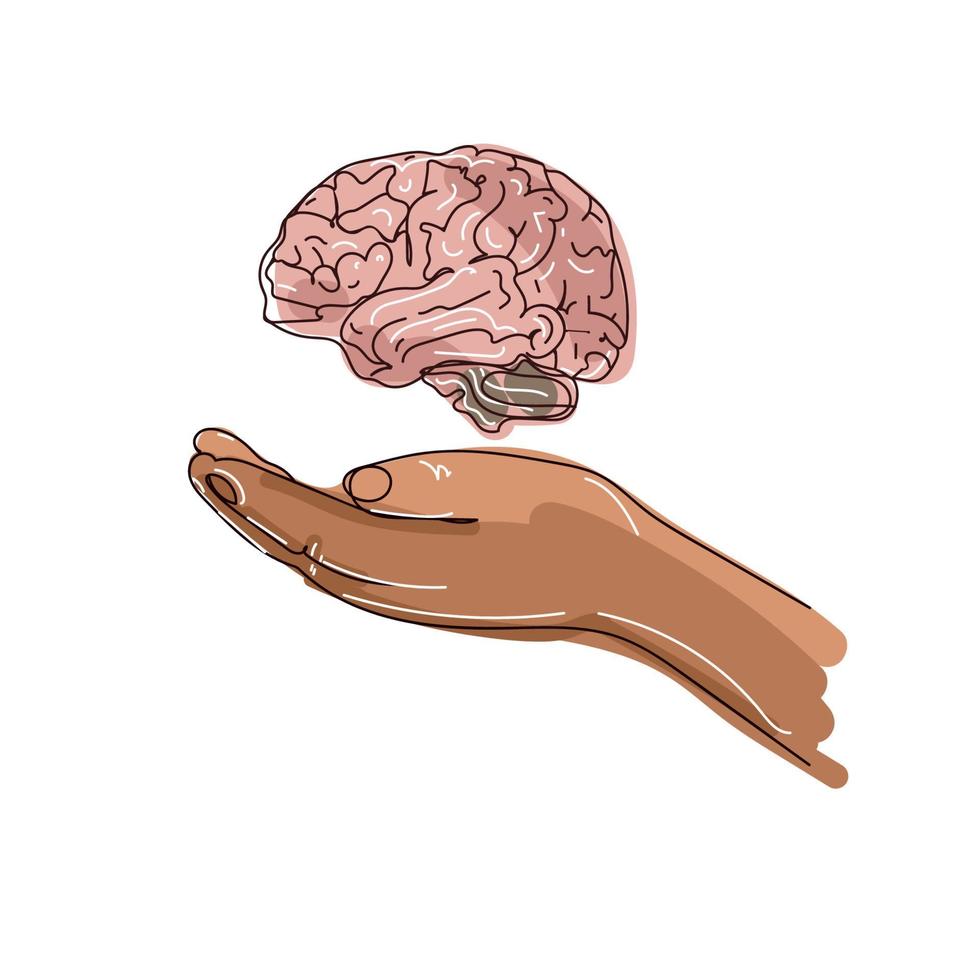concept de santé mentale et de soins.cerveau dans des mains humaines sur fond blanc, dessin à la main dans un style de croquis de doodle.journée mondiale de la santé mentale.illustration vectorielle vecteur
