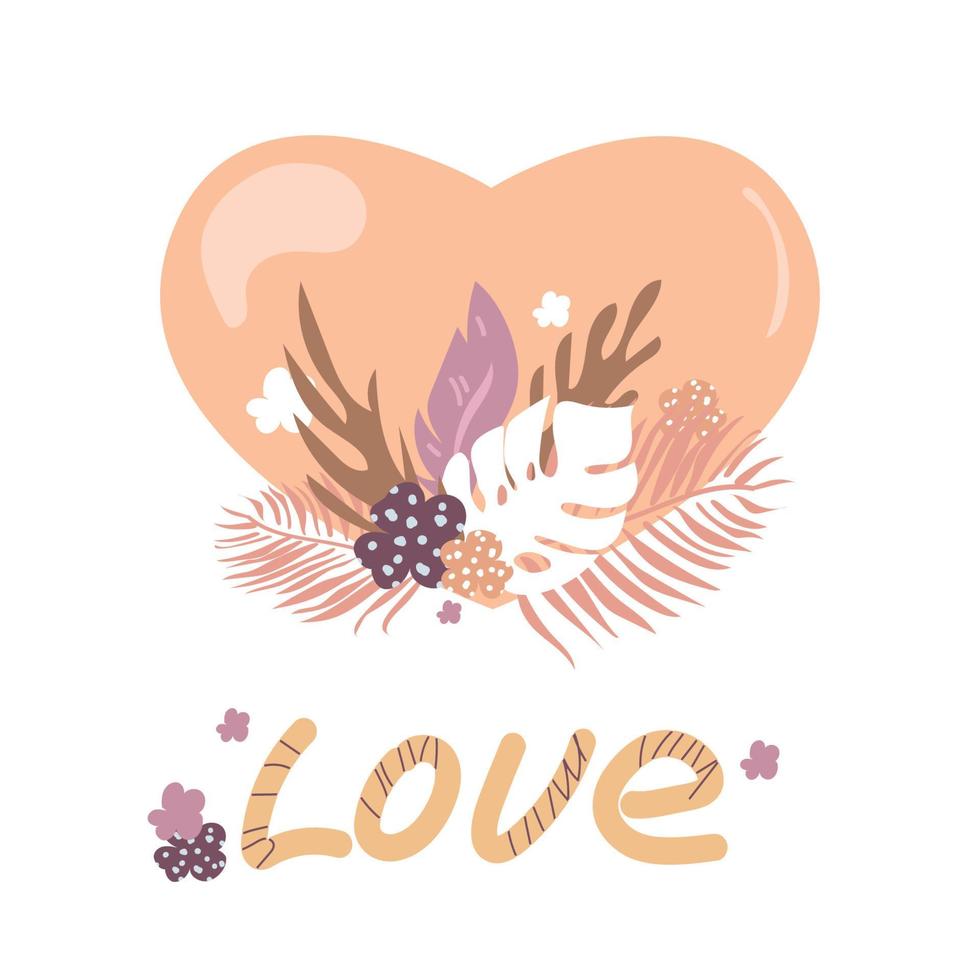 vecteur coeur rose avec un bouquet de fleurs et de feuilles isolé sur fond blanc. illustration mignonne romantique avec un coeur pour la décoration de cartes de voeux, saint valentin, fête des mères, impression