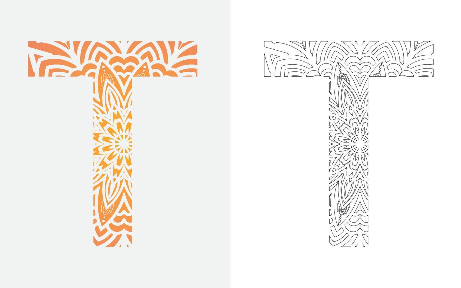 alphabet lettre t pop art, conception d'ornements à colorier mandala vecteur
