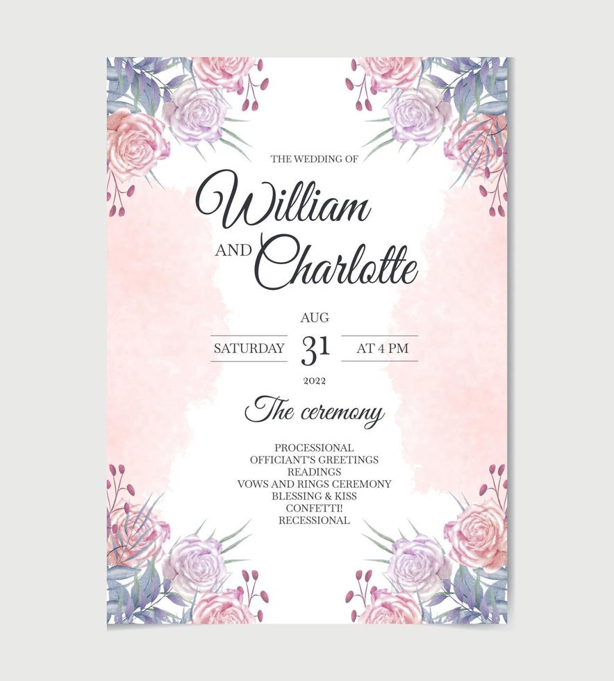 carte d'invitation de mariage élégante avec aquarelle florale de roses vecteur