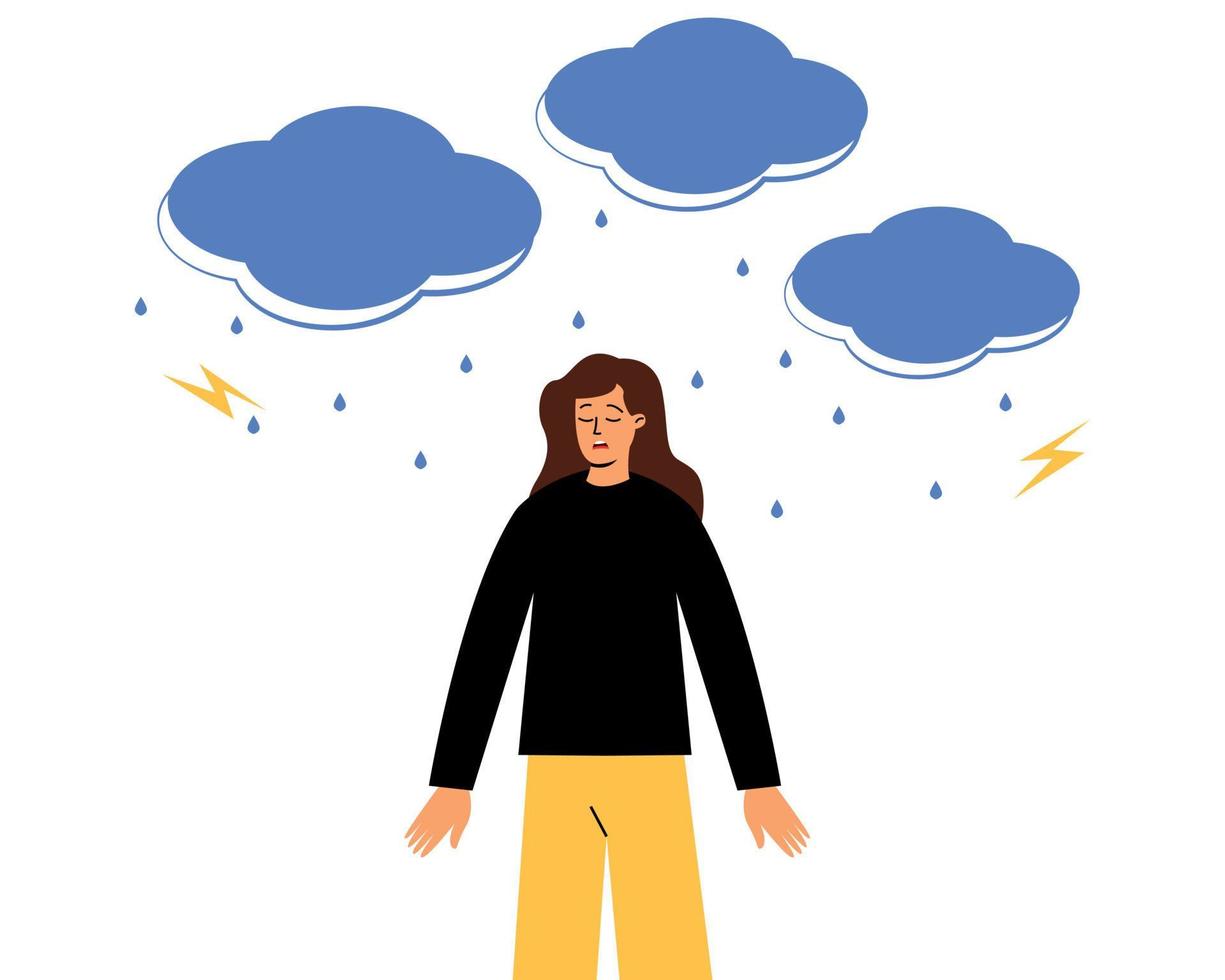 une femme frustrée se tient sur un fond blanc. nuages au-dessus de la tête, dépression, santé mentale. une femme déprimée. pluie, éclair vecteur