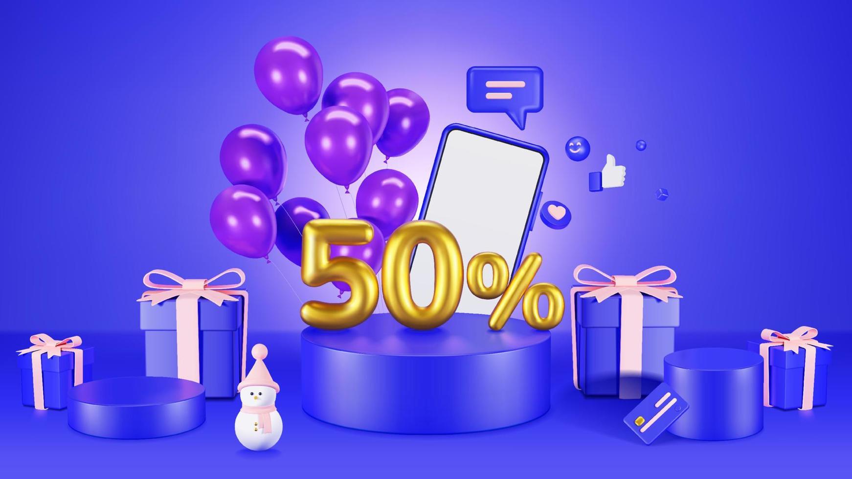 vente promotionnelle sur podium bleu avec ballon, maquette de smartphone, bonhomme de neige, coffret cadeau et icônes. illustration 3d pour la conception d'achats en ligne. vecteur