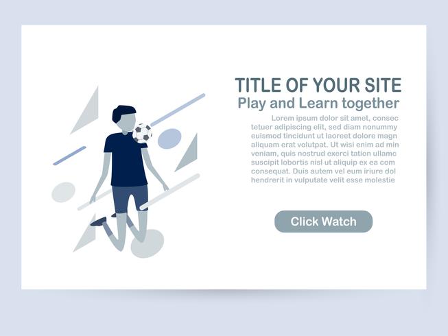 Conception de modèle de site Web isolée sur fond blanc avec espace de copie dans ton bleu. Illustration vectorielle pour UX / UI avec le personnage de joueurs de football. vecteur