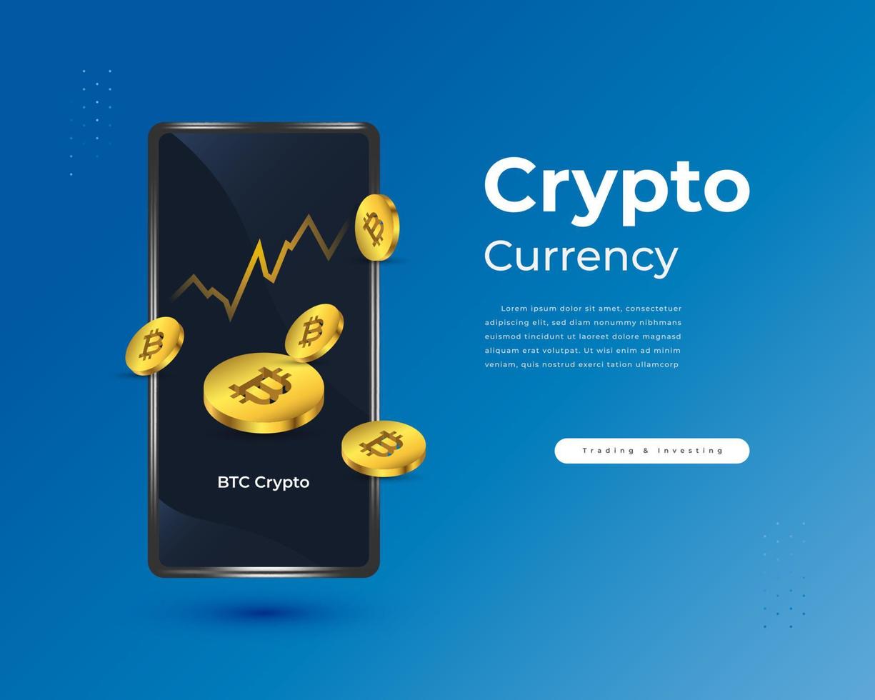 la crypto-monnaie bitcoin avec une pile de bitcoins dorés sort du smartphone et de la courbe de croissance vecteur