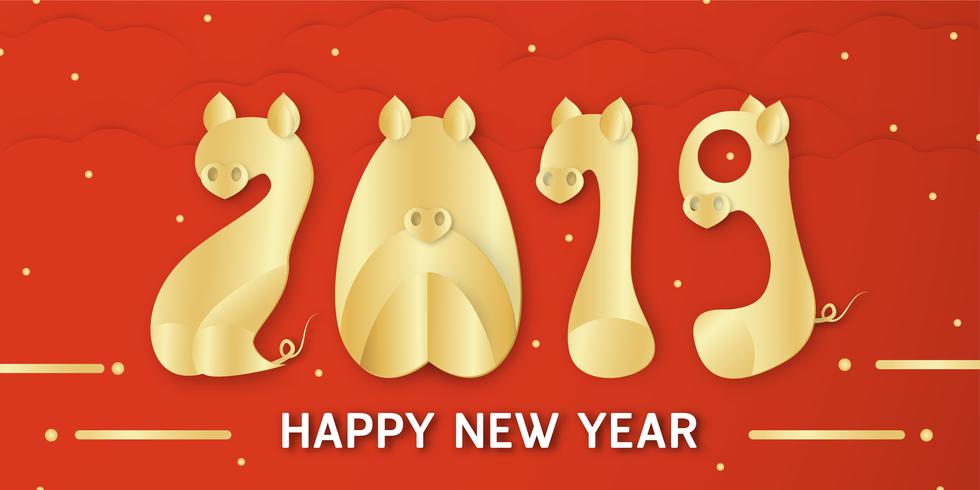 Bonne année 2019 avec fond brillant pour le zodiaque du cochon. Illustration vectorielle avec des polices d&#39;or en papier découpé et artisanat numérique. vecteur