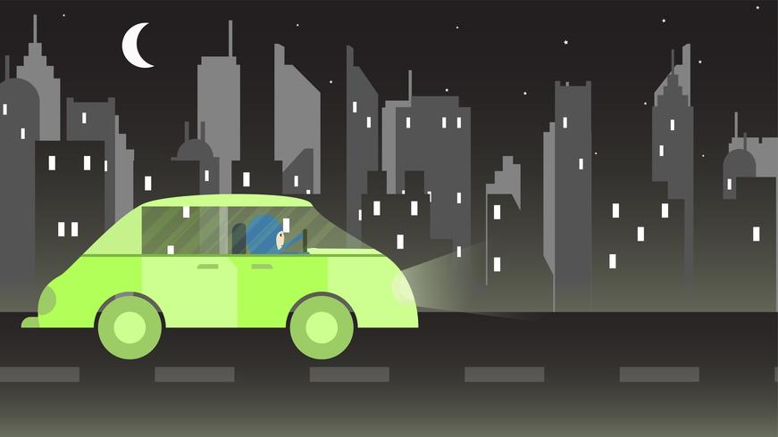 Une femme conduit une voiture verte en Arabie Saoudite la nuit. Illustration vectorielle avec ville urbaine, lune et étoile. vecteur