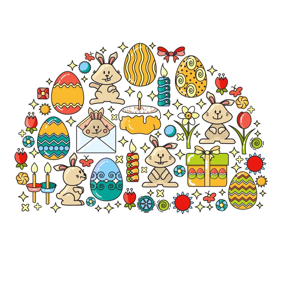 éléments de Pâques. lapin, cadeau, oeuf, bougie, fleur et gâteau. vecteur