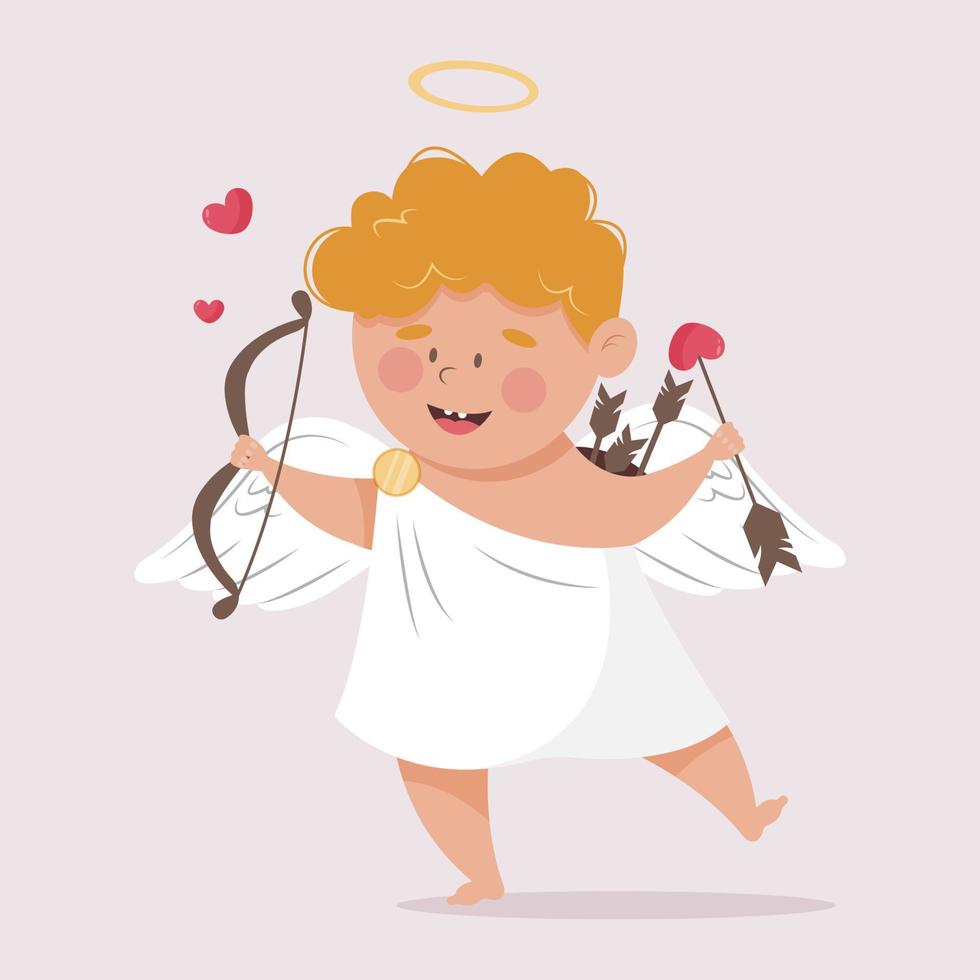 le 14 février et le symbole de la saint-valentin - heureux petit garçon cupidon avec arc et flèches. illustration vectorielle dans un style plat. vecteur