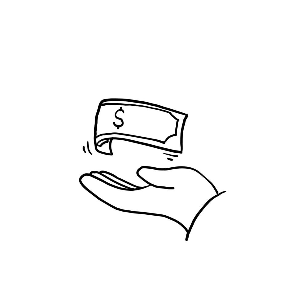 icône d'économie d'argent dessinée à la main, argent de salaire, investissement financier, main tenant le dollar, symboles de ligne sur fond blanc doodle vecteur