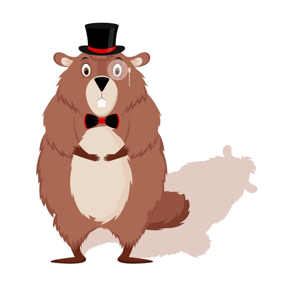 bonne fête de la marmotte. une marmotte sérieuse dans un chapeau haut de forme et un noeud papillon isolé sur fond blanc. illustration vectorielle. vecteur