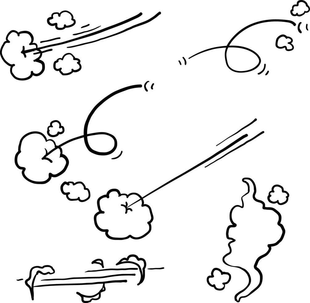 traînée de fumée dessinée à la main et illustration de trace de mouvement avec vecteur de style doodle isolé