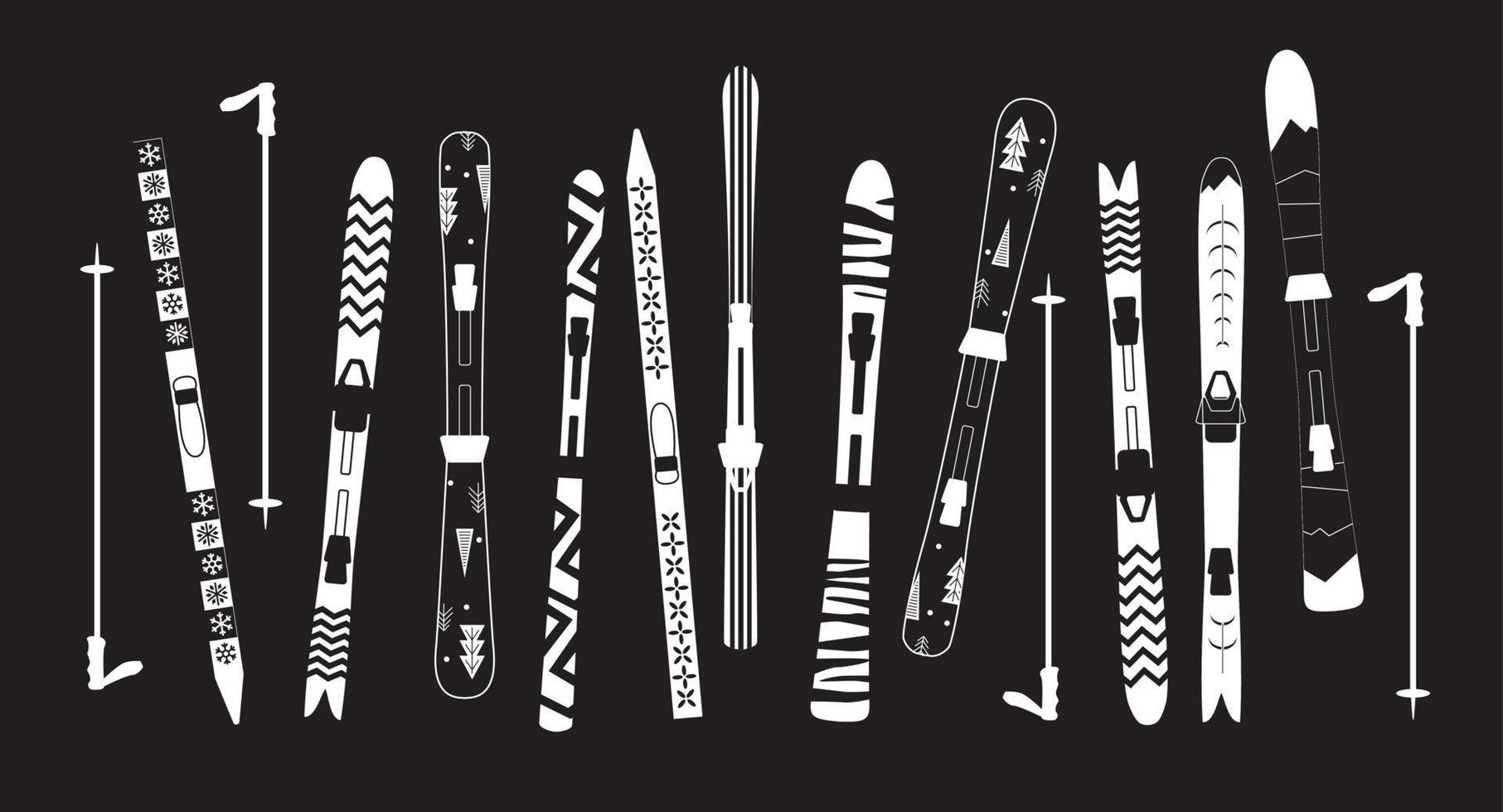 ensemble de ski avec motif. différents modèles de skis. type de ski. affiche noir et blanc minimaliste. sport d'hiver. vecteur