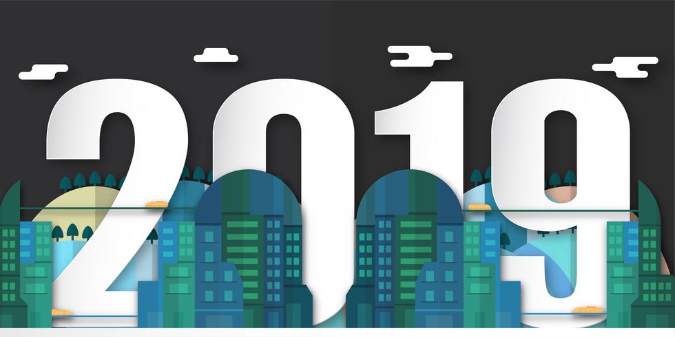 Bonne année 2019 décoration de nuit avec la ville urbaine. Illustration vectorielle en papier découpé et artisanat numérique avec style minimalisme. vecteur