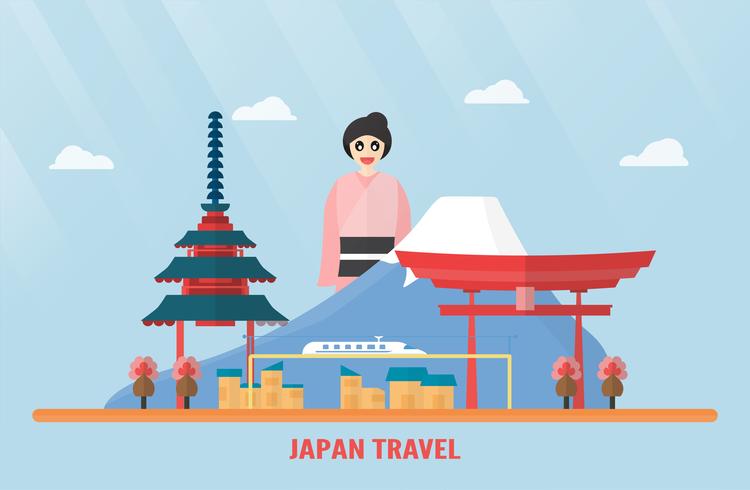 Thaïlande, Udonthani - 07 août 2018: Repères du Japon avec le Mont Fuji, le sanctuaire Itsukushima, le train électrique, une fleur Sakura, une pagode et une fille japonaise. Illustration vectorielle avec ciel bleu et nuage. vecteur