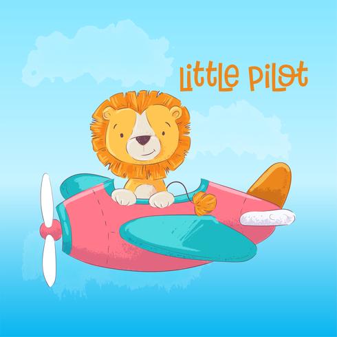 Illustration d&#39;une carte de voeux ou d&#39;une princesse pour une chambre d&#39;enfants - un lion mignon dans un avion de pilote, illustration vectorielle en style cartoon. vecteur