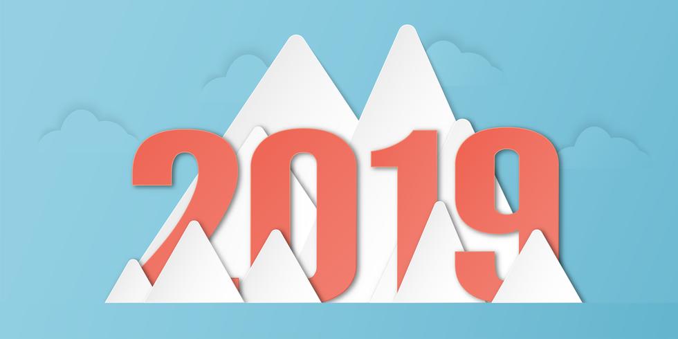Bonne année 2019 décoration sur fond bleu. Illustration vectorielle avec dessin de calligraphie du nombre en papier découpé et artisanat numérique. Style minimal. vecteur