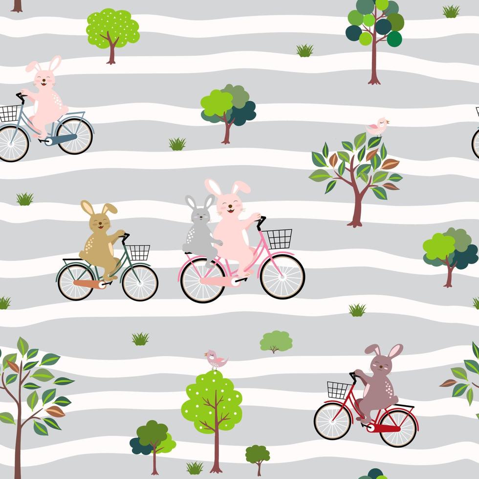 lapins de dessin animé mignon avec vélo heureux sur le jardin de printemps, motif sans couture sur fond ondulé pour la décoration, produit pour enfant, tissu, textile et tout imprimé vecteur