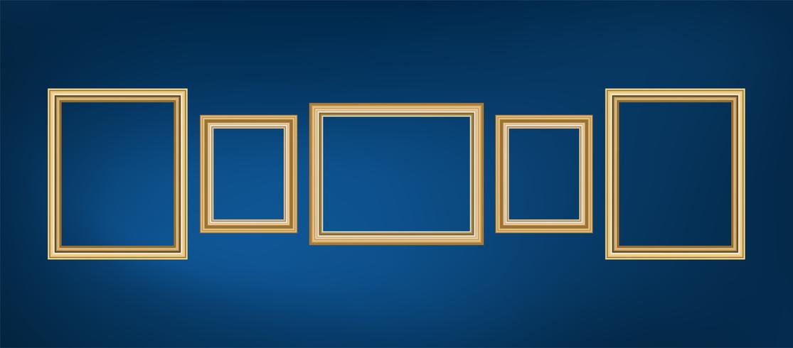 Ensemble de photo cadre décoratif avec bordure dorée, dessin vectoriel sur fond bleu avec espace de copie dans le concept premium.