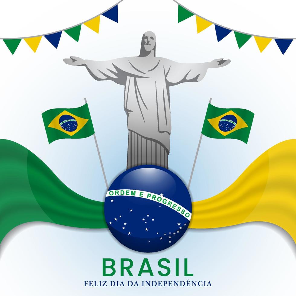 illustration de la fête de l'indépendance du brésil avec la statue du christ et le drapeau dfesign vecteur