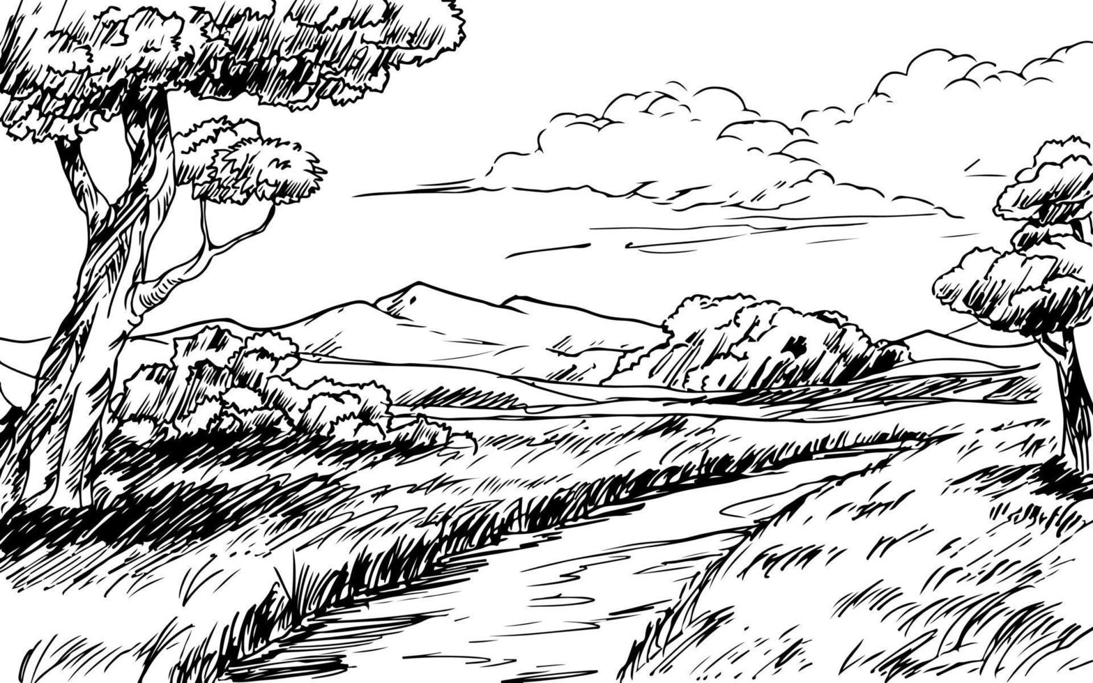 illustration de croquis de paysage de scène rurale avec route de campagne vecteur