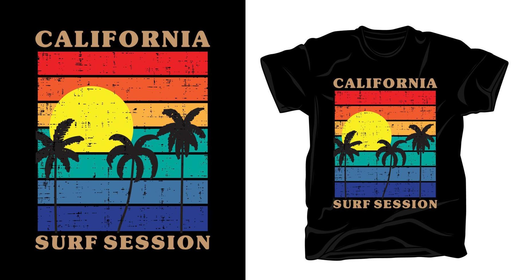 typographie de session de surf californienne avec t-shirt vintage coucher de soleil et palmier vecteur