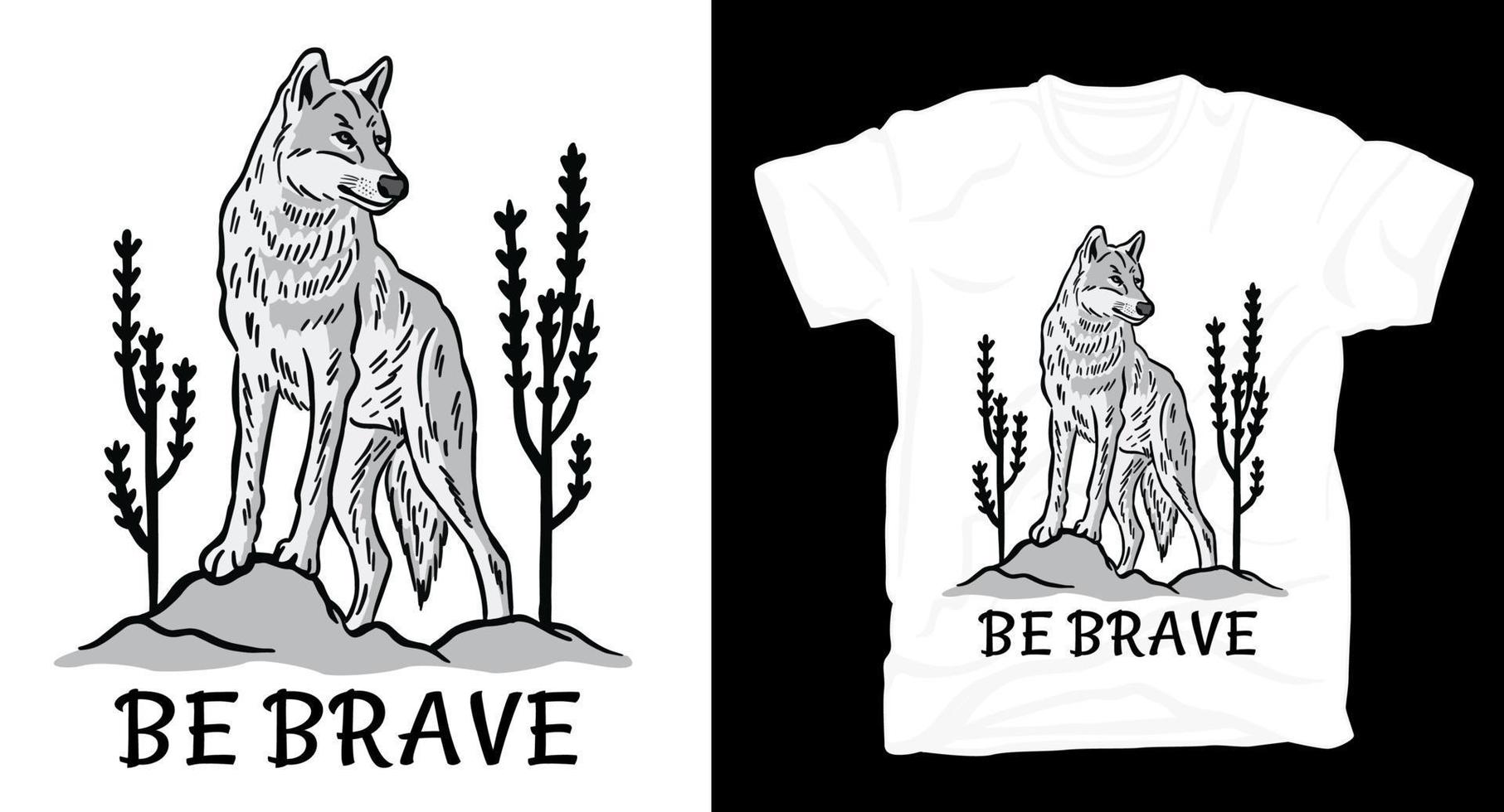 loup illustration dessinée à la main avec un design de t-shirt de typographie vecteur