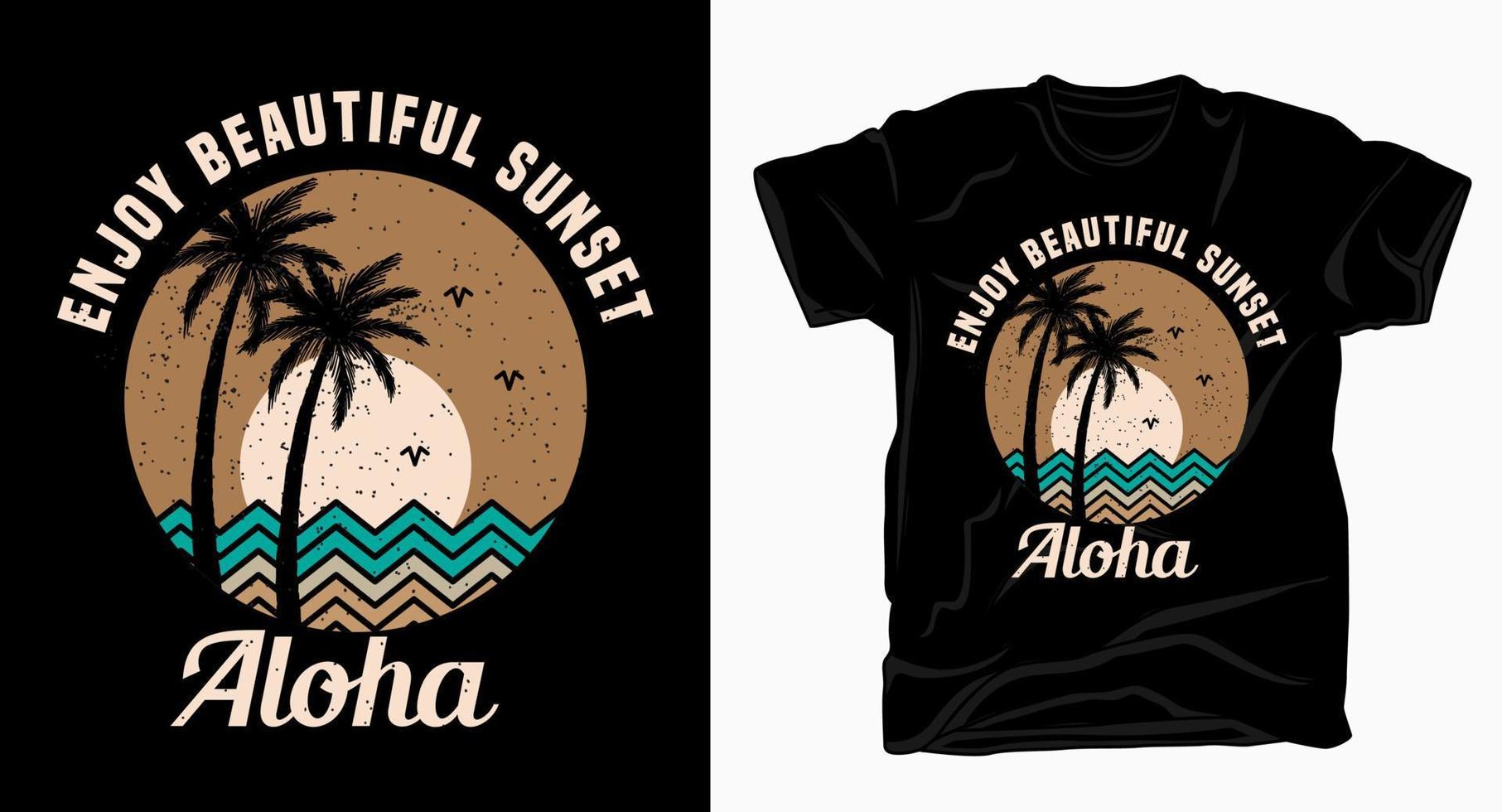 profitez de la belle typographie aloha au coucher du soleil avec un t-shirt palmier et soleil vecteur