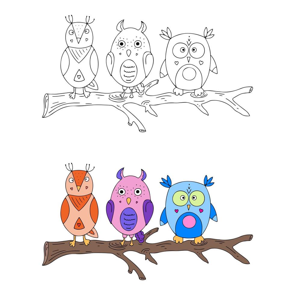 hiboux mignons sur une branche. coloriage. un ensemble de cliparts pour une affiche pour enfants, une impression sur un t-shirt, des vêtements pour enfants, une carte de vœux, des étiquettes, des rayures ou des autocollants. illustration vectorielle. vecteur