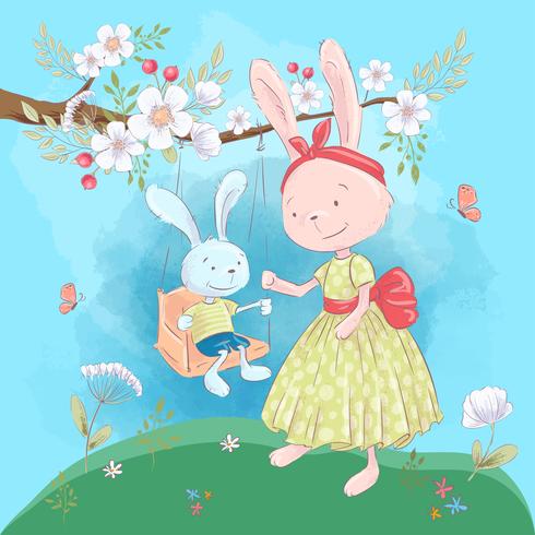 Illustration carte postale ou fétiche pour une chambre d&#39;enfants - lapin mignon maman et fils sur une balançoire avec des fleurs, illustration vectorielle en style cartoon vecteur