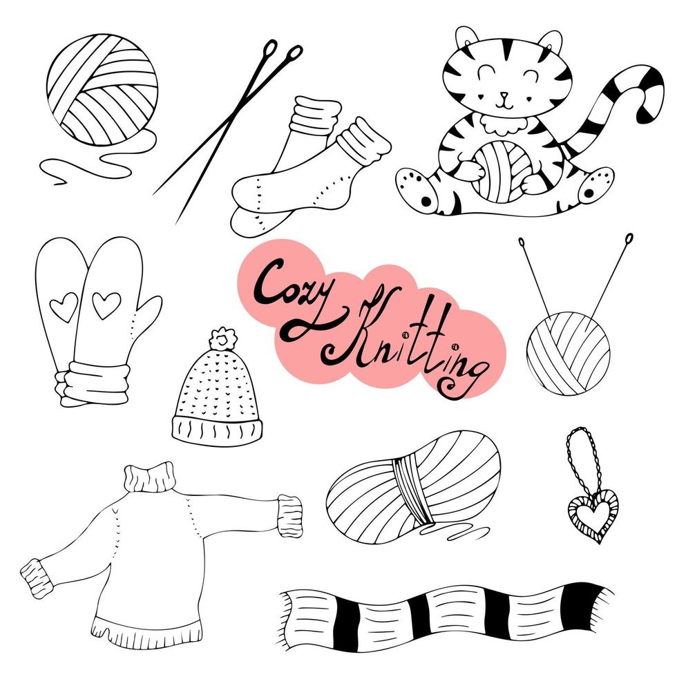 illustration vectorielle dessinée à la main. un ensemble pour le tricot et la couture. bonnet et snood, mitaines et chaussettes. vecteur