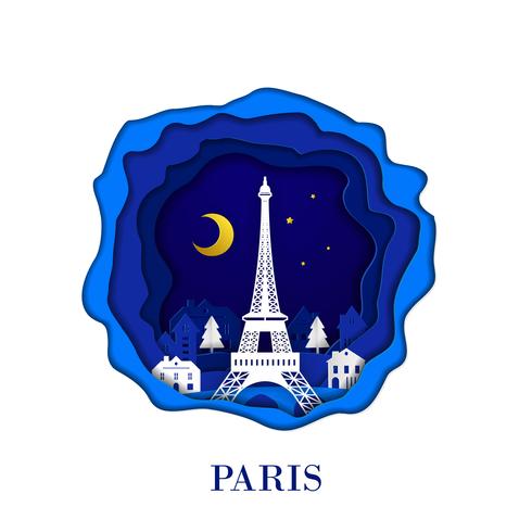 PARIS ville de France dans l&#39;art numérique d&#39;art de papier. Scène de nuit. Concept de point de repère de voyage et de destination. Style papercraft vecteur