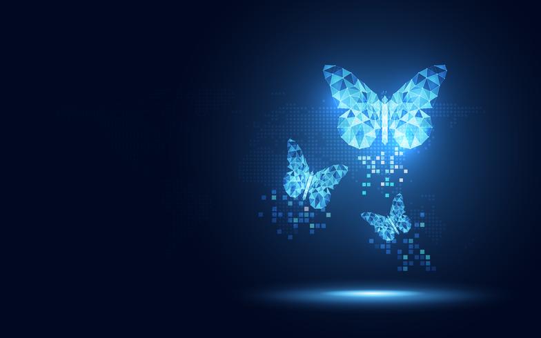 Papillon lowpoly bleu futuriste abstrait technologie. Transformation numérique de l&#39;intelligence artificielle et concept Big Data. Concept d&#39;affaires évolution réseau internet quantique de communication vecteur