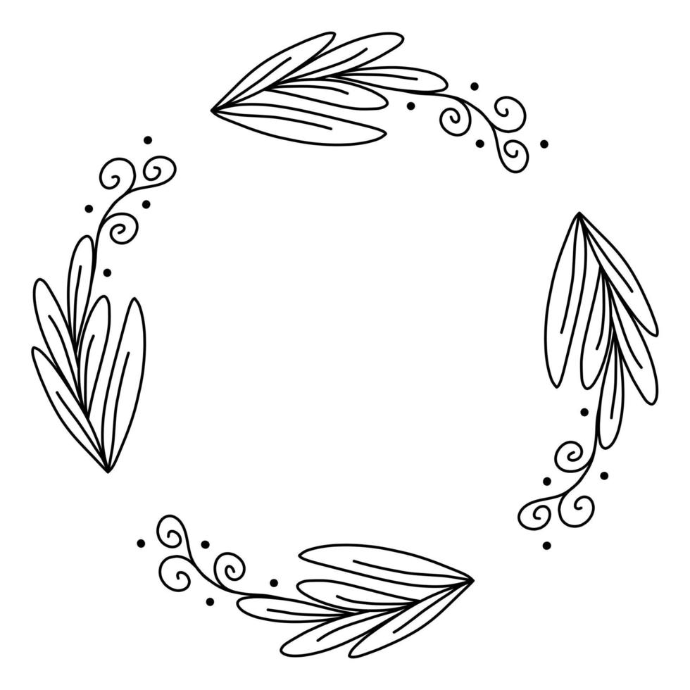 cadre floral vectoriel en illustration de style lineart noir. belle décoration ronde avec des feuilles pour les invitations, cartes de voeux, mariage